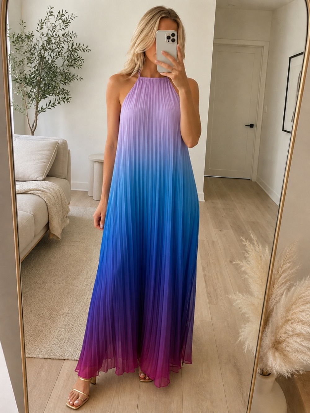 NWT Ombre Pleated Halter Maxi Dress Resort Wedding S M